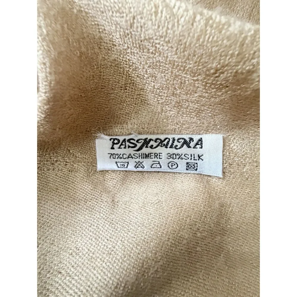 Pashmina 70% Cashmere 30% Silk Beige Paisley Scarf Shawl Wrap Fringe 28x67